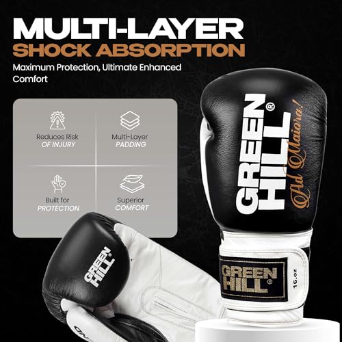 Green Hill Legend Leather Boxing Gloves for Men & Women - color: Black/White, size: 16 Oz