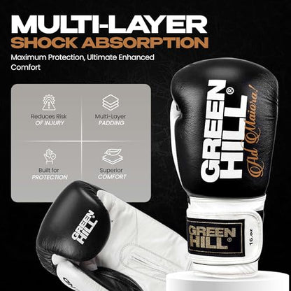 Green Hill Legend Leather Boxing Gloves for Men & Women - color: Black/White, size: 10 Oz