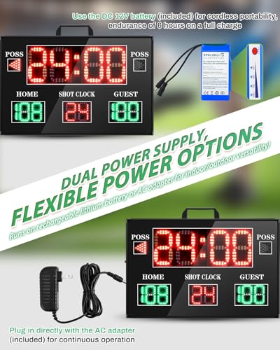 Large Electronic Scoreboard with Wireless LCD RF Controller - 22.4x14.6 Big LED Display, 100Ft Visibility, Dual Power Options, Flexible Timing Control for Indoor/Outdoor Sports Games
