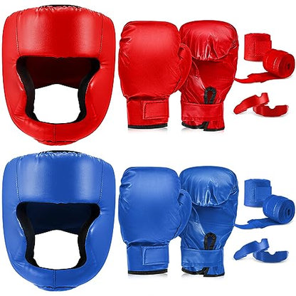 Kanayu 14 Pcs Boxing Gloves and Headgear Set for Beginners Youth 16 Ounce Boxing Gloves Headgear Helmet Hand Wraps Mouth Guards Equipment for Beginners Training Equipment Gifts - color: Red, Blue