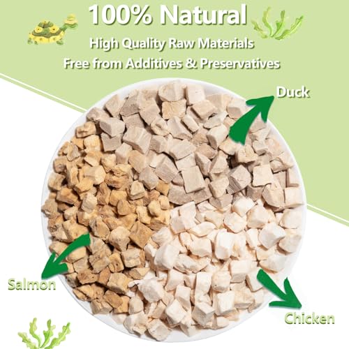 Turtle Food 5.7 OZ Natural Freeze-Dried Meat - Chicken, Duck, Salmon - Premium Food for Turtles, Box Turtle, Aquatic Turtle, Baby Turtles, Freeze Dried Turtle Treats