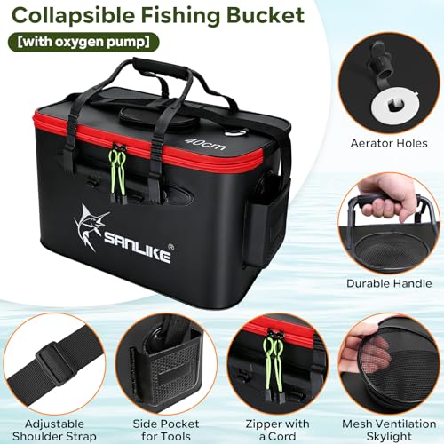 SANLIKE Foldable Live Fish Bucket, EVA Fishing Bait Bucket, 35/40/45CM Collapsible Fish Container, Leakproof Livewell for Kayak Boat Bank Fishing, Black/Army Green - color: Black-40cm