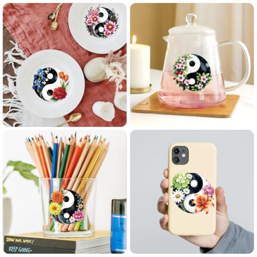 Peacoblue 18 Sheets Rub on Transfers for Crafts, Yin Yang with Sunflower and Daisy 3.6"x3.9" UV DTF Cup Wraps Waterproof Cold Transfers Stickers for Wood Glass Cup Tumblers Mirrors Mugs Home Decor - style: Yin Yang with Sunflower and Daisy