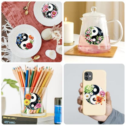 Peacoblue 18 Sheets Rub on Transfers for Crafts, Yin Yang with Sunflower and Daisy 3.6"x3.9" UV DTF Cup Wraps Waterproof Cold Transfers Stickers for Wood Glass Cup Tumblers Mirrors Mugs Home Decor - style: Yin Yang with Sunflower and Daisy
