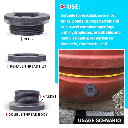 ChillWaves PVC Bulkhead Fitting 1-1/2" Double Thread Connector Adapter with Plugs for Water Tank, Aquariums, Rain barrels(2-PACK)