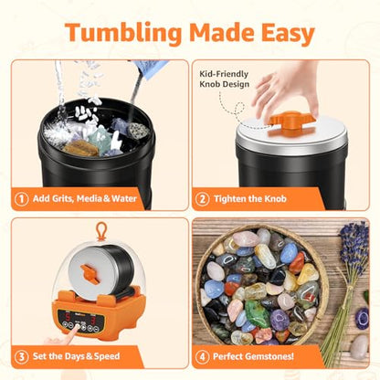 C5 Starter Rock Tumbler Kit - Durable Leak-Proof Rock Polisher - Complete Rock Tumbling Kit with 4-Stage Silicon Carbide Grit - Adjustable Timer & Speed with Memory Function