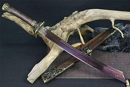 Full Tang Damascus Folded Steel blue Blade Chinese Dragon Tiger DAO Sword
