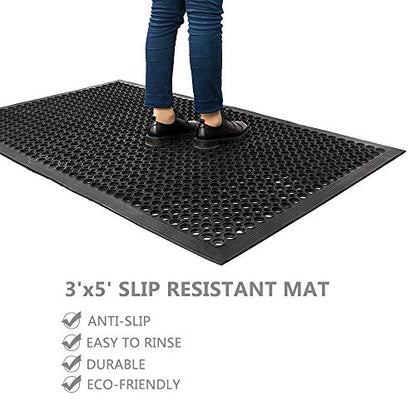 ROVSUN Rubber Floor Mat with Holes, Anti-Fatigue/Non-Slip Drainage Mat, for Industrial Kitchen Restaurant Bar Bathroom Utility Garage Pool Entry Door Mat, Indoor (36'' x 60'' Black 1Pcs)