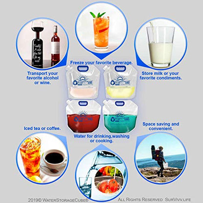 WaterStorageCube Premium Collapsible Water Container Bag, BPA Free Food Grade Clear Plastic Storage Jug for Camping Hiking Backpack Emergency, No-Leak Freezable Foldable Water Bottle 1.3/2.6 Gallon - size: 1.3 Gallon, style: 4-Pack