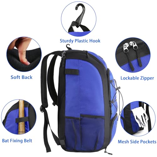 MATEIN Youth Baseball Backpack, Softball Bat Bag with Shoes Compartment | Lightweight Baseball Bag for Boys and Adult, Fence Hook Hold TBall Bat, Batting Mitten, Helmet, Caps, Teeball Gear Equipment - color: Blue, size: 29L