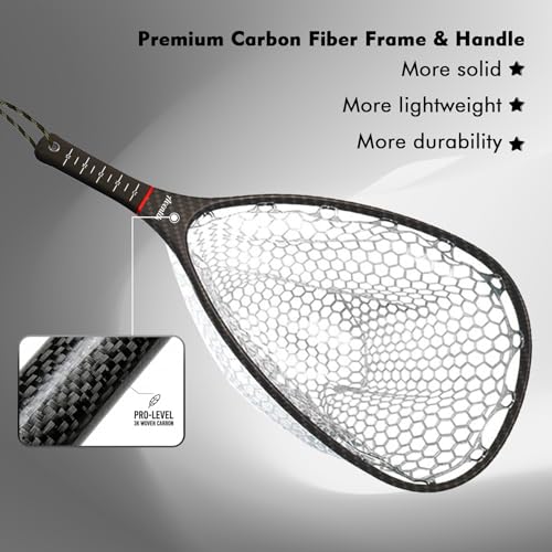 Riverruns Fly Fishing Landing Net Carbon Fiber Trout Net with Measurement Handle, Soft Rubber Mesh - 26" Standard (Wading) / 37" Long (Kayak) - color: 26" Wading Net (Standard) - Black 3K Woven