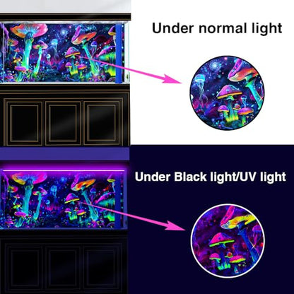 36X18IN Blacklight Aquarium Background UV Reactive Mushroom Background Starry Sky Terrarium Background with 10 EVA Double-Sided Tape - size: 36X18in/90X45cm