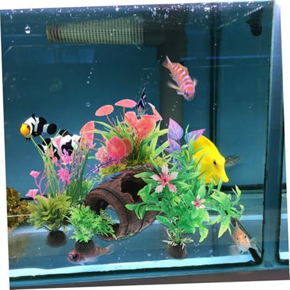 Kisangel 9pcs Broken Barrel Aquarium Decorations with Artificial Plants Betta Cave Hideout Fish Tank Barrel Ornament for Fish Shrimp Betta Goldfish and Reptiles Hideouts Accessories