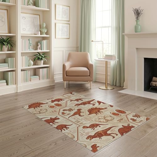 4'x6' Washable Flatwoven Rug, Beige Modern Dinosaur Easy Care Throw Carpet Stain Resistant Low Profile Floor Covering for Dorm Room, Small Living Room, Apartment | Ref:1942875 - color: Beige/Pattern 31, size: 4' x 6' (Rectangular)