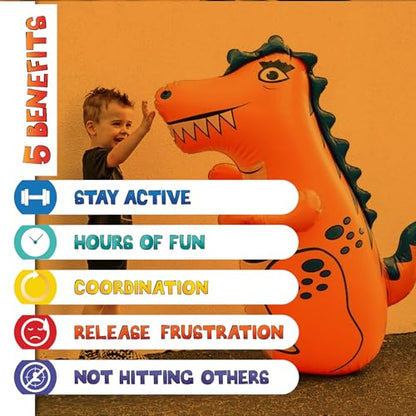 INFLATABLE DUDES Kids Punching Bag- Bop Bag | Sand-Base - color: Orange Rex | Pre-filled with Sand, size: 47"