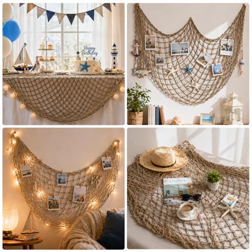 Fish Net Decorations for Party, 80x40 Inch Large Decorative Fish Netting Table Runner, Wall Photo Hanging Fishnet for Nautical Mermaid Pirate Hawaii Beach Under the Sea Party Decorations, Caramel
