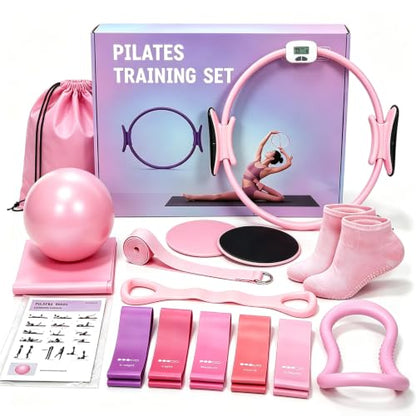 Pilates Kit for Home Workouts,Pilates Equipment for Women with 15" Ring | Pilates Ring with Smart Counter & Timer,Pilates Resistance Bands, Ball 9.8" Socks,Core Sliders Pilates Starter Kit for Women