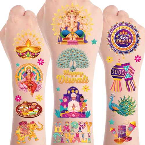 8 Sheets Diwali Decorations for Home 200+ Happy Diwali Festival Temporary Tattoos Indian Deepavali Stickers Rangoli Mandala Themed Temporary Tattoos Party Favors Supplies Prizes Rewards - color: Happy Diwali
