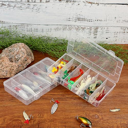JUXYES 2Pack Plastic Small Fishing Tackle Box Organizer with 6 Compartments, Clear Mini Fishing Tackle Storage Boxes with Dividers, Transparent Fish Pocket Tackle Storage Box Lure Box
