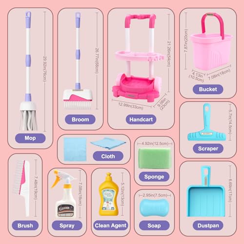 Toddler Cleaning Set, Kids Cleaning Carts Toy Set, Detachable Kids Mop Broom Set for Toddlers - Pretend Play Educational Toy (Pink) - color: Cleaning Cart Set