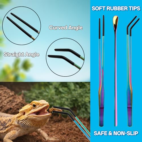 10.6" Colorful Reptile Feeding Tongs Set with Spoon(3 Pack) | Terrarium & Aquarium Essential Feeding Tools,Appropriate Length,Stainless Steel,Straight & Curved,Soft Rubber Tips