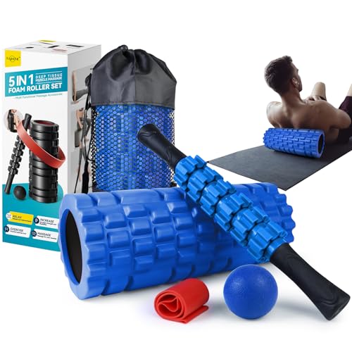 Krightlink 5 in1 Foam Roller Set High Density Foam Roller Muscle Recovery | Deep Tissue Muscle Massage Foam Roller for Exercise, Massage Roller, Massage Ball, Stretching Strap, for Whole Body Blue - color: Deep Blue