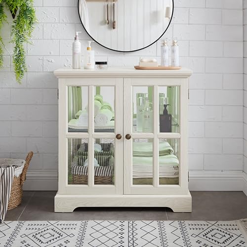 LED Curio Display Cabinet with Adjustable Glass Shelves, Retro Lattice Door Bookcase, Antique Home Decor Storage Showcase with Magnetic Closure
