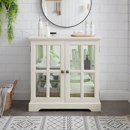 LED Curio Display Cabinet with Adjustable Glass Shelves, Retro Lattice Door Bookcase, Antique Home Decor Storage Showcase with Magnetic Closure
