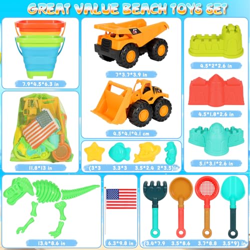 Beach Sand Toys for Kids, 29PCS Sandbox Toys with 2 Collapsible Bucket Sand, 2 Dump Truck, Dinosaur Molds, Castle Building Kit, Shovel Sieve,Flags,Mesh Bag Travel Beach Toys for Toddler 3-10