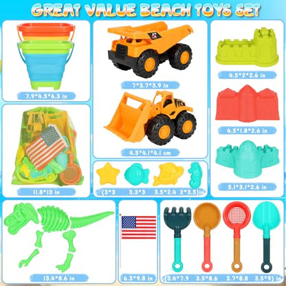 Beach Sand Toys for Kids, 29PCS Sandbox Toys with 2 Collapsible Bucket Sand, 2 Dump Truck, Dinosaur Molds, Castle Building Kit, Shovel Sieve,Flags,Mesh Bag Travel Beach Toys for Toddler 3-10
