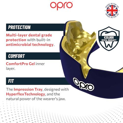OPRO Instant Custom-Fit Mouthguard – Dentist Level Gum Shield Adult and Kids – OPRO Mouth Guard Boxing and MMA, Self-Fit Gum Shield Rugby – Maximum Protection with Dental Warranty (Dark Blue/Gold) - color: Dark Blue/Gold, size: Adult (10+)