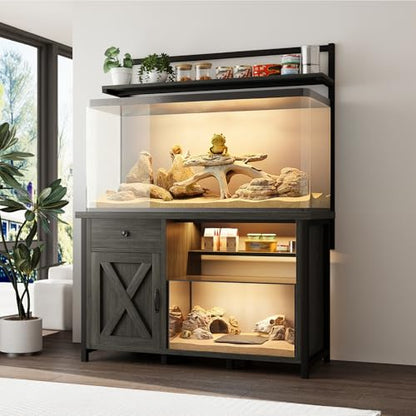 Reptile Tank Stand with Power Outlet, Terrarium Stand with Storage Cabinet, 49" X 20" Tabletop, Aquarium Stand with LED Lights, Reptile Terrarium,Turtle Tank (Gray) - color: Gray