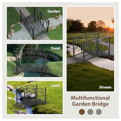 4 Ft Garden Bridge - Metal Footbridge for Outdoors, Safety Side Rails with Fashionable Patterns, Decorative Garden Arch Walkway for Stream, Creek, Pond, Black