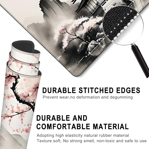 Desk Mat, Watercolor Cherry Blossom and Temple Large Extended Gaming Mouse Pad,Waterproof Non-Slip Rubber Base and Stitched Edges Desk Pad for Work Game Office Home 35.4x15.7in - color: Colour8