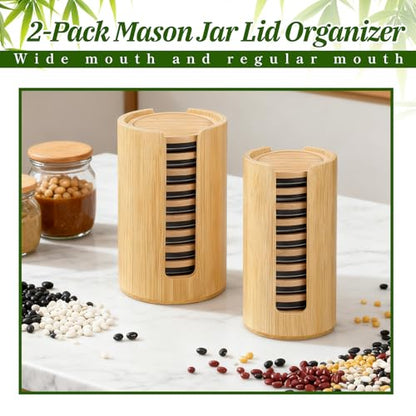2 Pcs Mason Jar Lid Organizer, 2 Size Bamboo Mason Jar Lids Storage, Vertical Masons Jars Lid Storage, Bamboo Cup Lids Organizer, Stackable Steady for Kitchen Countertop Cupboard