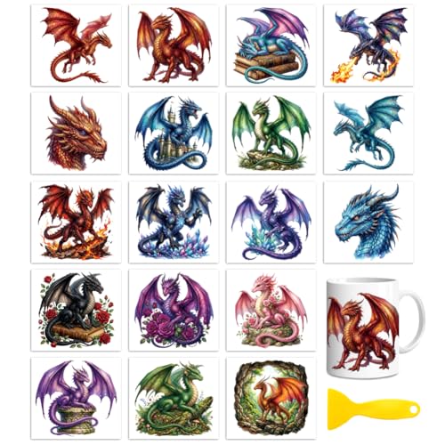 Peacoblue 18 Sheets Rub on Transfers for Crafts, Magical Dragon 3.6"x3.9" UV DTF Cup Wraps Waterproof Cold Transfers Stickers for Wood Glass Metal Cup Tumblers Mirrors Mugs Home Decor - style: Magical Dragon