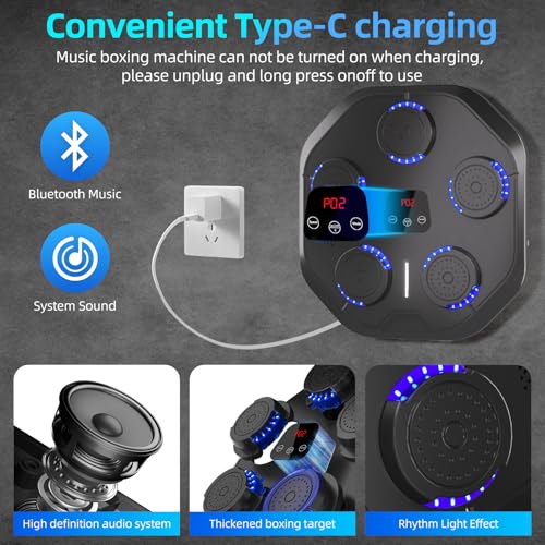 Music Boxing Machine with Boxing Gloves Bluetooth Wall Mounted Boxing Machine Training Punching Exercise Suitable for Adults Home, Office and Indoor Use - Black