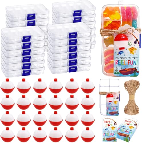 24 Set Fishing Candy Little Tackle Boxes for Birthday Party Favors with 24 Fishing Bobber 24 Thank You Cards for Making My Party Reel Fun Gone Fishing Theme Supplies Fishing Decorations (24)
