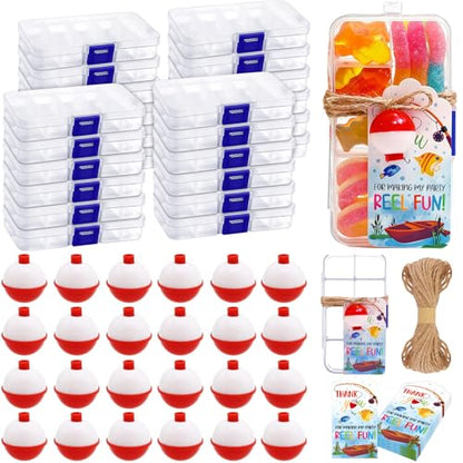 24 Set Fishing Candy Little Tackle Boxes for Birthday Party Favors with 24 Fishing Bobber 24 Thank You Cards for Making My Party Reel Fun Gone Fishing Theme Supplies Fishing Decorations (24)