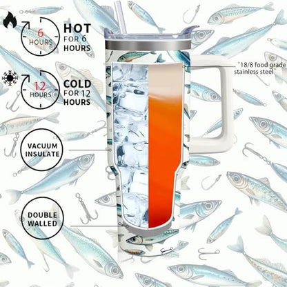 40oz Fishing Tumbler with Handle and Straw, Stainless Steel Insulated Cup with Lid and Straw, Travel Coffee Mug Water Bottle, Birthday Mothers Day Gifts for Women Men Fish Lovers