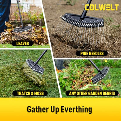 Thatch Rake, Dethatcher Rake with Thin, Curved Spring Steel Tines, Dethatching Thatching Rake for Lawns with 61’’ Steel Handle, Lawn Tine Rakes for Pine Needles, Dead Grass, Garden Debris