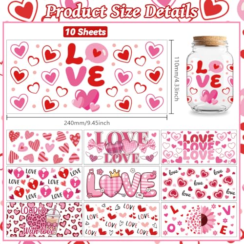 UV DTF Cup Wraps Transfer Stickers Valentine's Love Pattern, 10 Sheets Waterproof Custom Vinyl Transfer Sticker 16oz Coffee Glass Cup Tumbler Bottle Mug Decals for Men Women - style: Valentine's Love