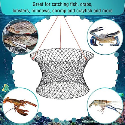 2 Sets Crab Trap Bait Wire Grid Bottom Crab Nets Foldable Fishing Net Hand Casting Cage with Harness and Bait Clip