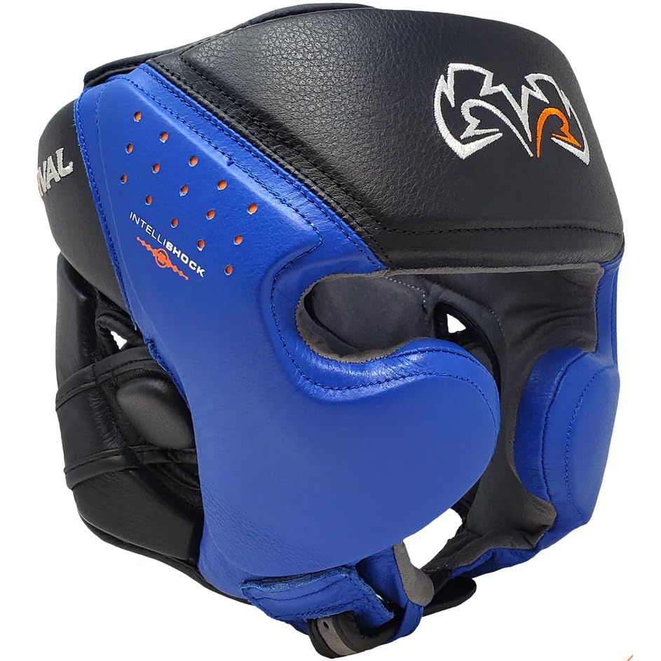 RIVAL Boxing RHG10 Intelli-Shock Headgear, D3O Front and Side Padding, Hook and Loop Back Adjustment with Lace on Top, and Anatomical Rear Head Pad Every Time - color: Black/Blue, size: Medium