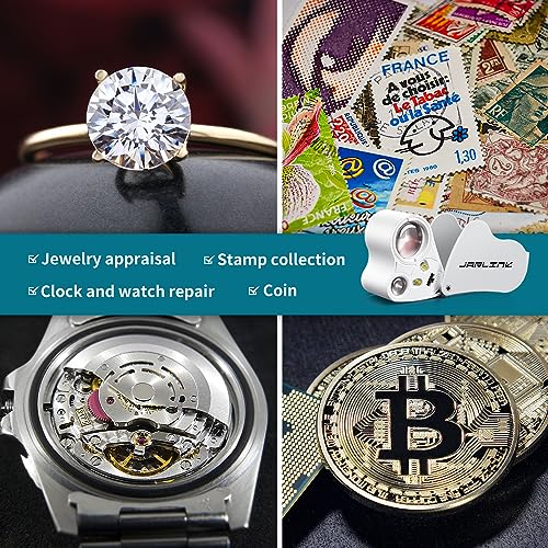 JARLINK 30X 60X Illuminated Jewelers Loupe Magnifier, Foldable Jewelry Magnifier with Bright LED Light for Gems, Jewelry, Coins, Stamps, etc - color: White
