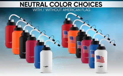 Squeezable Water Bottle with Bendable Long Straw and Spray cap - LDPE BPA Free Plastic - Hydration for Baseball Hockey Gym MMA Yoga Boxing Cycling Softball Football Lacrosse (35.5 Oz.) - color: Orange American Flag