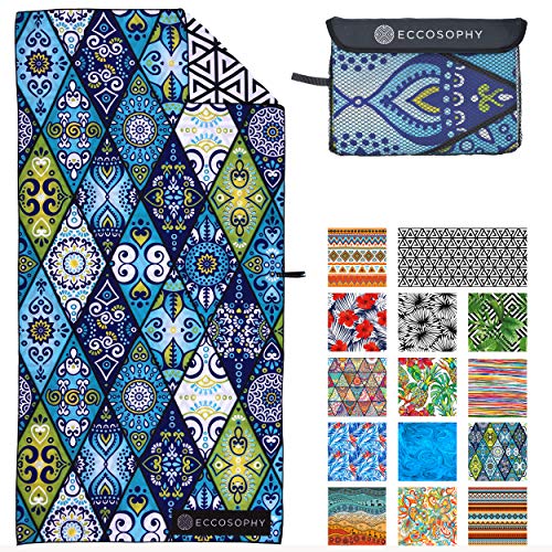 Microfiber Beach Towel - Quick Dry, Sand Free and Oversized 71x35 | Super absorbent, lightweight, swimming, gym, extra large, pool, cruise, camping, yoga, travel, compact, carry bag, vacation - color: Mykonos
