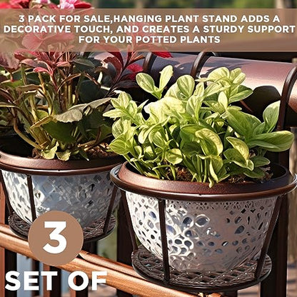 Iron Art Metal Railing Flower Pot Hanging Basket for Indoor Pot Holder Hanger 3 Pack Outdoor Plants Perfect for Porches and Patio Decor (Black)