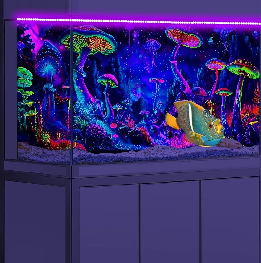 48X18IN Blacklight Mushroom Black Light Aquarium Background UV Reactive Background Starry Sky Terrarium Mushroom Theme Background with 10 EVA Double-Sided Tape - color: Violet bluish, size: 48X18in/120X45cm