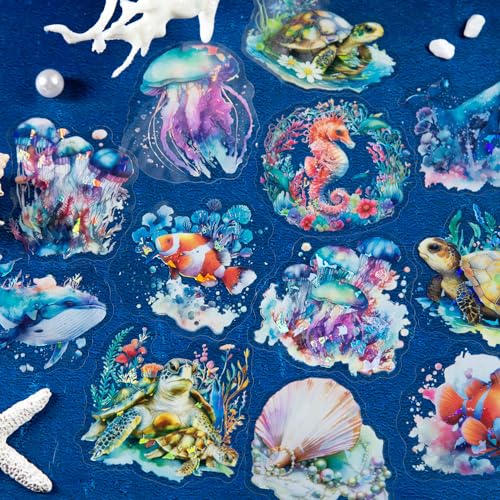 60Pcs Holographic Ocean Life Jellyfish Turtles Stickers - Sea Marine Animal Whales Dolphins Seahorses Stickers for Junk Journal,Scrapbooking Supplies,Planner